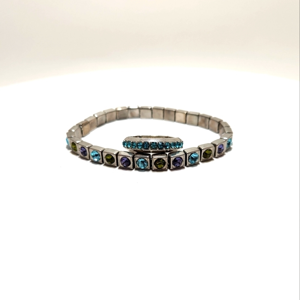 Gemstone Silvertone Stretch 7.25" Bracelet and 5.5 6.5 Ring Set Cyan Green Blue - Picture 1 of 11